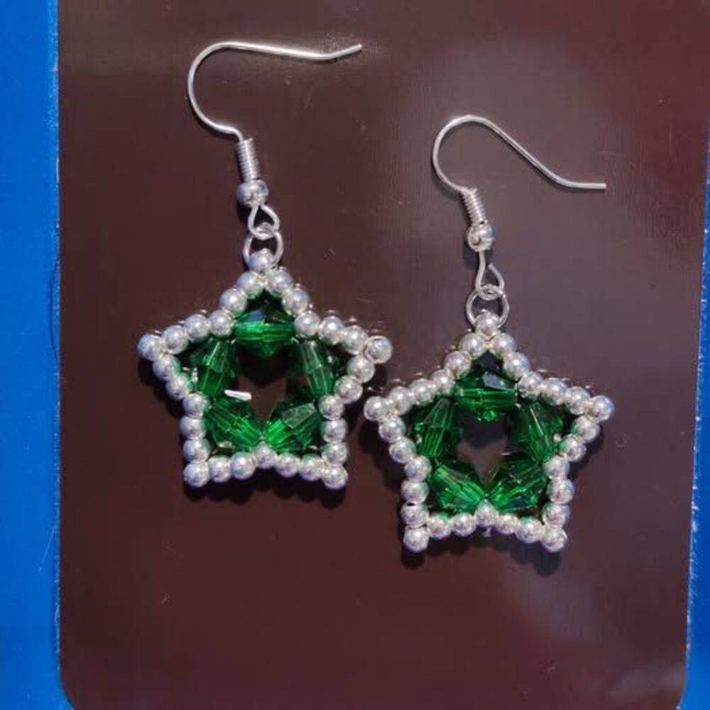 Silver and Green Crystal Star Earrings-Wires